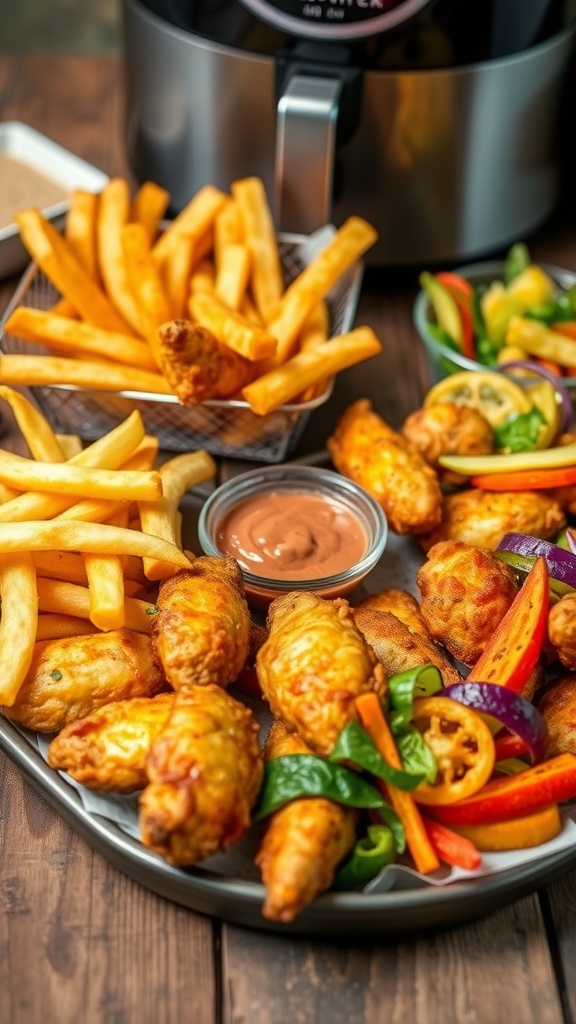 Quick and Easy 5-Minute Air Fryer Recipes A variety of air fryer snacks including French fries, chicken wings, and vegetable chips, presented on a rustic table.